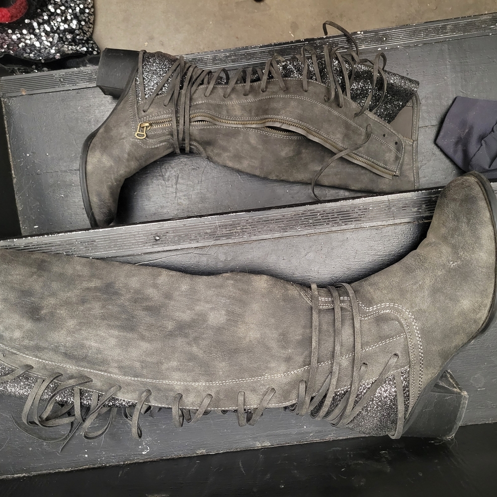 Gray Suede Lace-Up Knee Boots - Unbranded